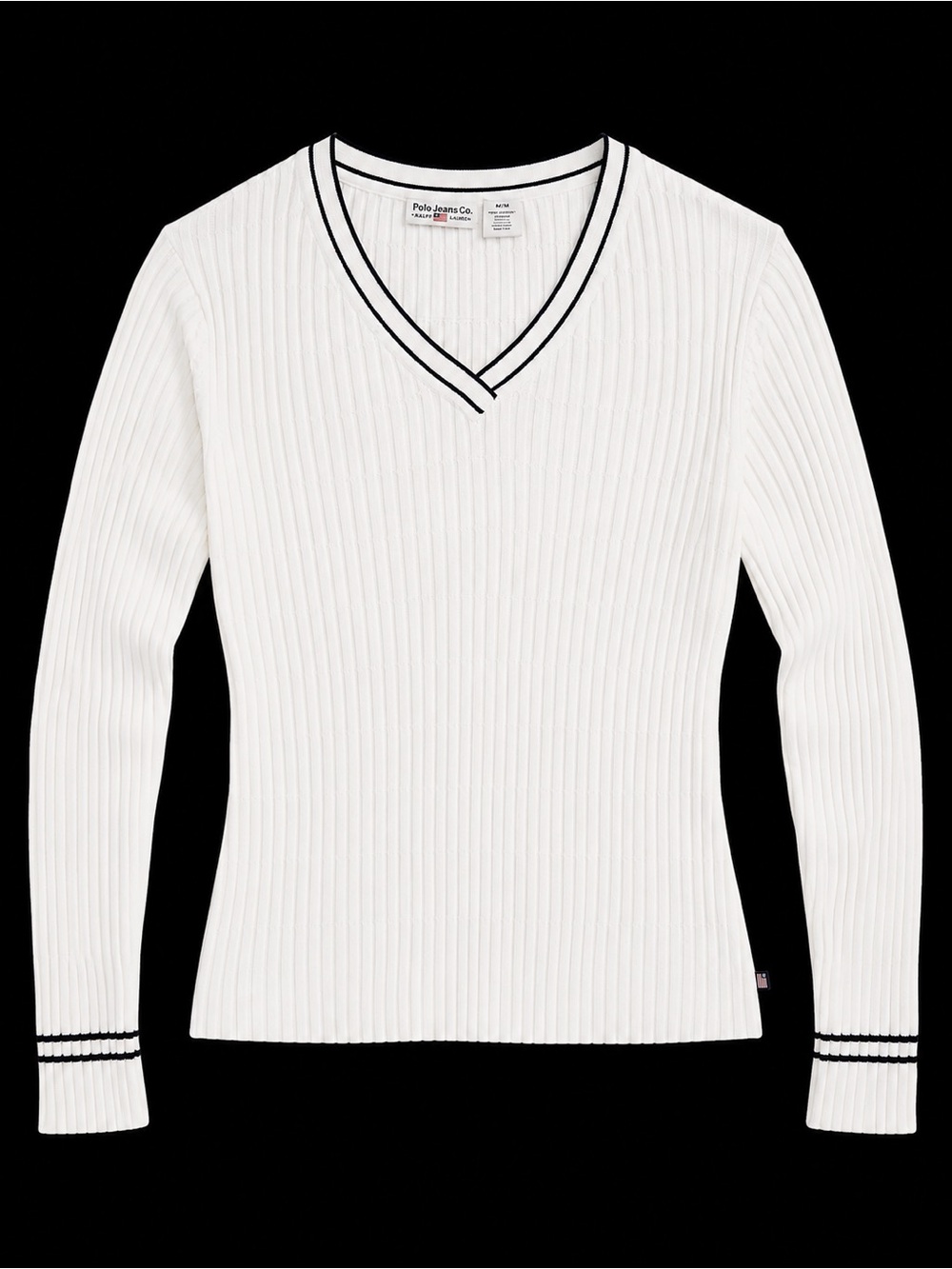 Polo by Ralph Lauren White V-Neck Ribbed Sweater with Navy Trim
